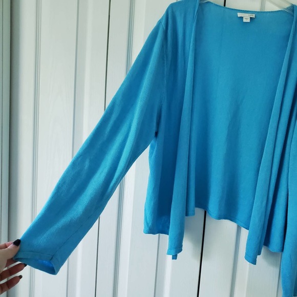 J. Jill Blue Linen Blend Draped Open Front Cardigan L Airy Soft Relaxed Modest - Picture 4 of 11